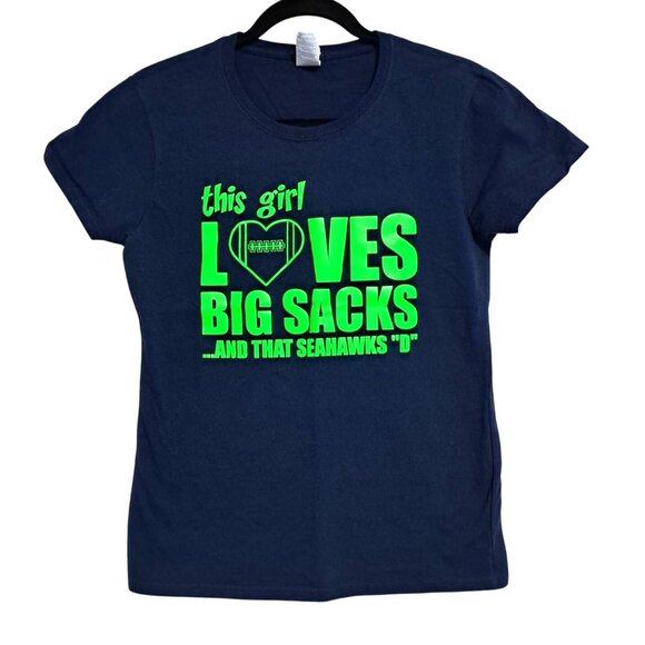Seahawks This Girl Loves Big Sacks Seahawks D Graphic Tee Navy Medium Gildan Hea - Picture 2 of 11
